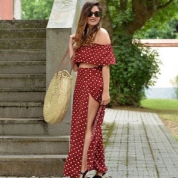 Crop top maxi skirt set red polka dot - Picture 2 of 6